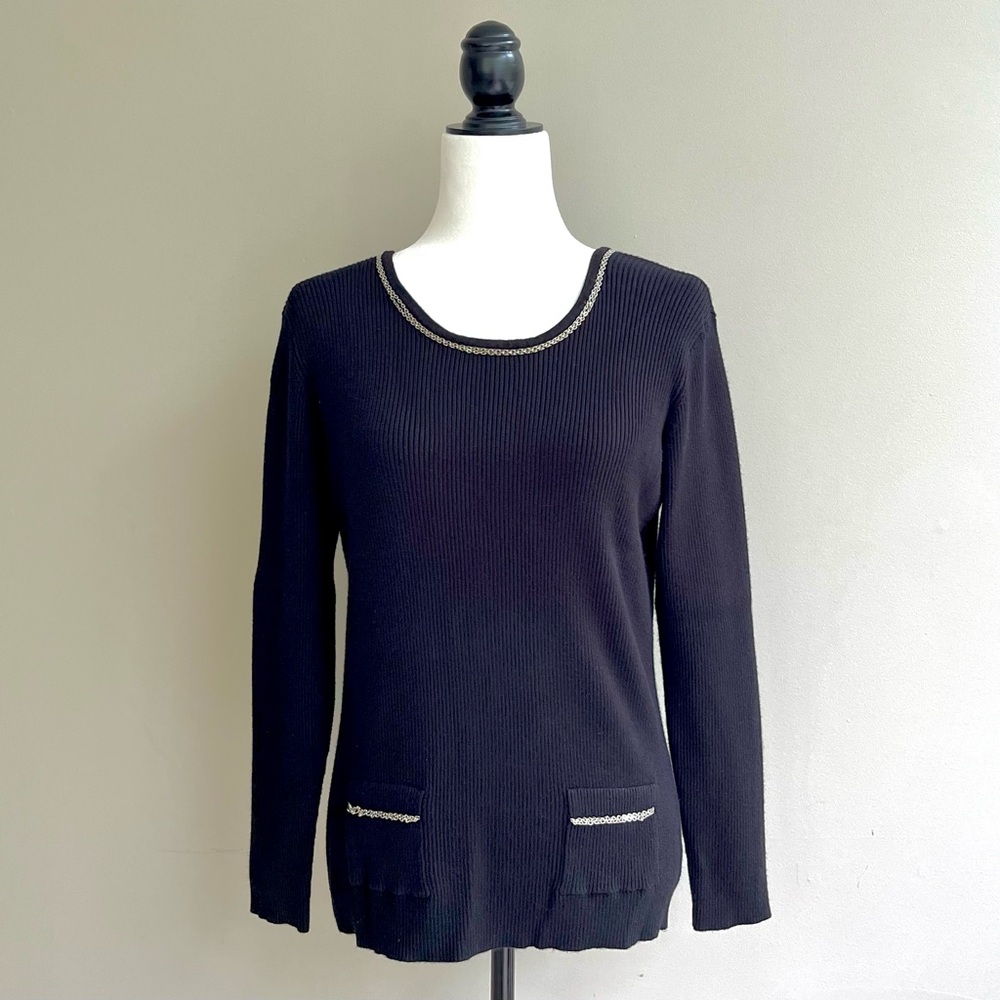 Simons Black Crew Neck Sweater with Silver metal embellishment